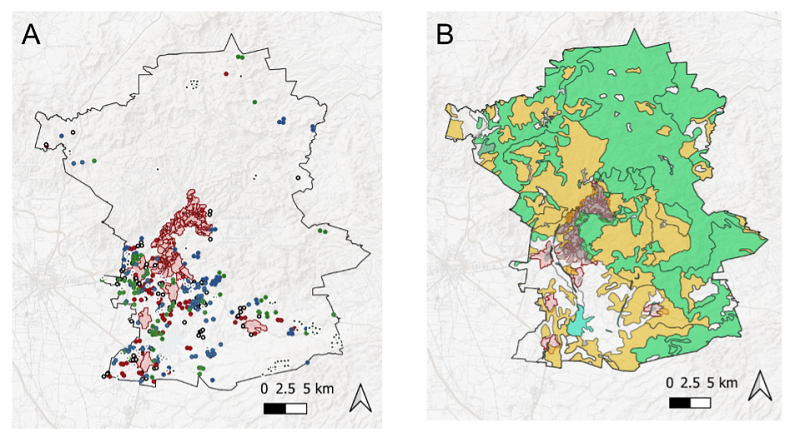 a) Fire occurrences from 2016 to 2020: 2016 white dots, 2017 blue dots, 2018 green dots, 2019 black dots, and 2020 red dots. b) Land cover for 2017: forest in green, grasslands in yellow, urban areas in pink, and agriculture in white.
