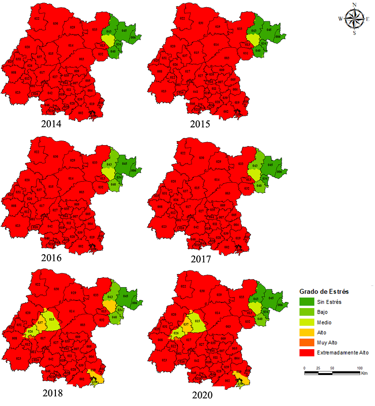 Grado de estr�s h�drico en el estado de Guanajuato al tecnificar el riego por goteo con una eficiencia del 95%.