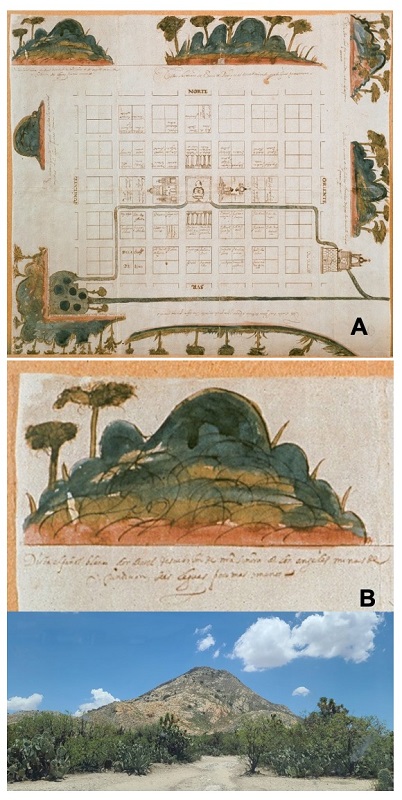 A: mapa de Llanos de la Goleta. B: ampliaci�n del mapa de Llanos de la Goleta y vista actual del cerro del Pe��n Blanco.