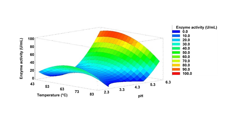 Estimated response surface plot of the Geobacillus stearothermophilus CHI1 extracellular enzyme activity versus the temperature and pH factors. Two zones with greater activity are shown: the first zone in the interaction of 65 �C and pH 2.3 (45 U/mL), and the second zone in the interaction between 50 �C and pH 6.3 (95 U/mL).