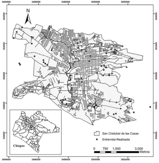 Mapa del &aacute;rea urbana de San Crist&oacute;bal de Las Casas y viviendas entrevistadas.