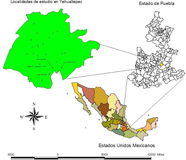 Localidades de estudio en el contexto del estado de Puebla y la Rep&uacute;blica
							Mexicana.