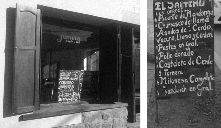 Oferta gastronómica en restaurantes. A la derecha en Humahuaca y a la izquierda en Tilcara.
