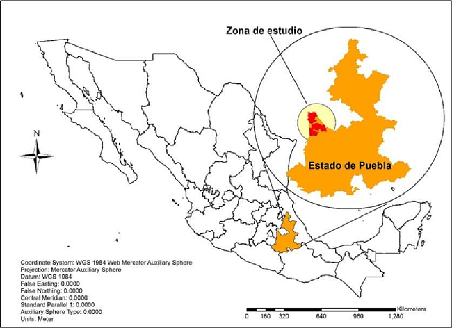 Ubicación geográfica del área de estudio en el estado de Puebla.