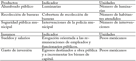 Productos e insumos del modelo DEA