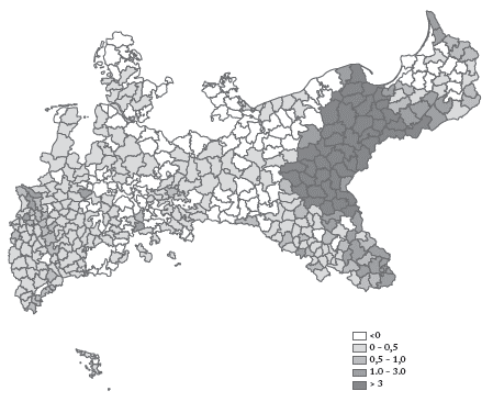 Diferencia porcentual entre protestantes alfabetizados y protestantes y porcentaje de protestantes, 1871