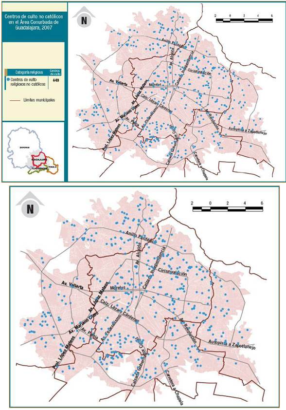 Centros de culto no católicos en el área conurbada de Guadalajara (2007)  