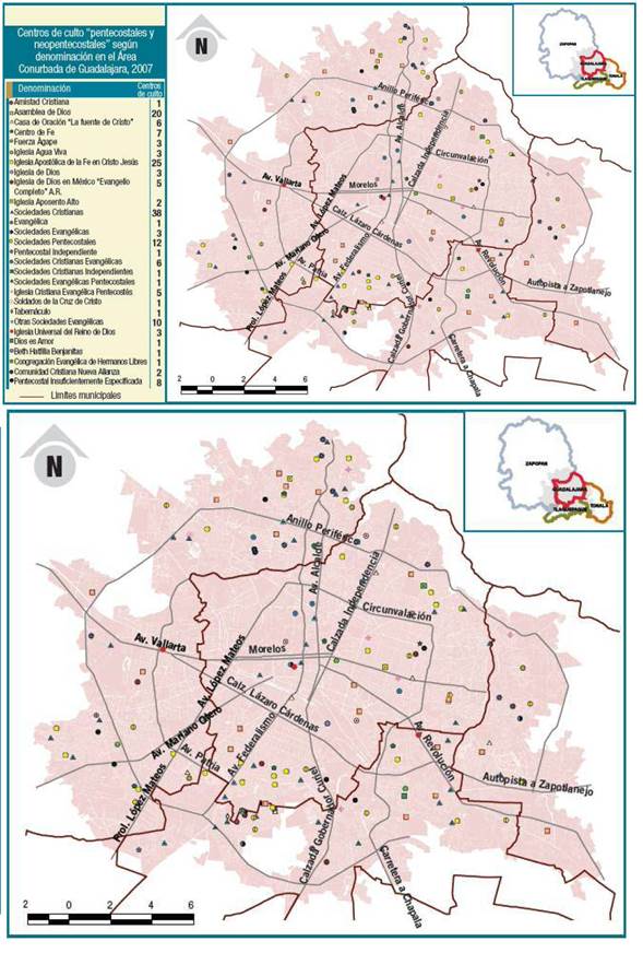 Centros de culto pentecostales y neopentecostales, según denominación en el ACG (2007).  