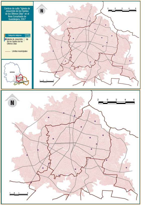 Centros de culto "Iglesia de Jesucristo de los Santos de los Últimos Días" en el Área Conurbada de Guadalajara, 2007