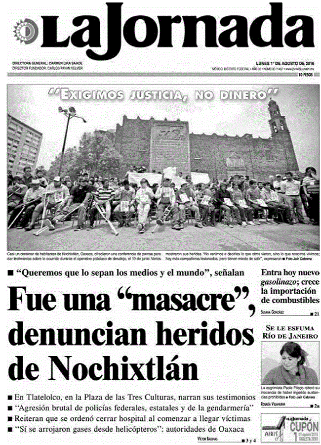 Periódico La Jornada del 1 de agosto de 2016
						