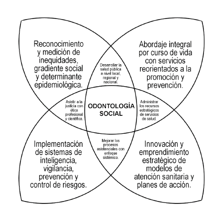 Figura 4. Campo de acci�n de la Odontolog�a Social a nivel de programas de posgrado y especializaci�n en las �reas profesionales de Salud P�blica, Gesti�n Sanitaria, Auditor�a Cl�nica y Ciencias Forenses en Estomatolog�a. (Jorge E. Manrique-Ch�vez. Facultad de Estomatolog�a-UPCH.  2011)