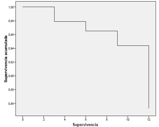 Anlisis de sobrevida de la TRA a los 3, 6, 9 y 12 meses de seguimiento (Kaplan Meier) en pre escolares.