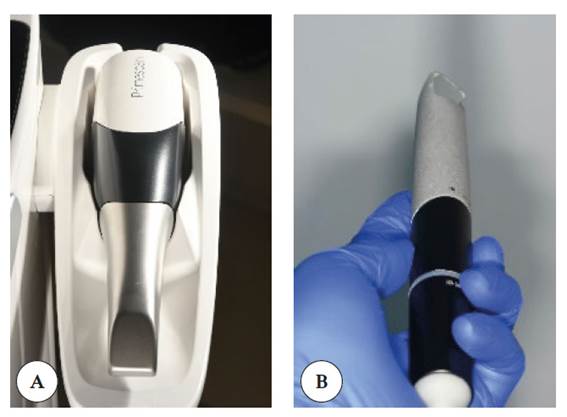 Comparaci�n del tama�o los dos IOS: A) Primescan Dentsply Sirona� con un peso de 457-524,5 g, una longitud de 25,4 cm y una punta de 2,75 cm de ancho; B) Virtuo Vivo Straumann� tiene un peso de 130 g y 20,7 cm de longitud.