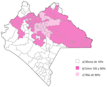 Localización de los municipios de Chiapas según porcentaje de residentes que hablaban lengua indígena, 2010.