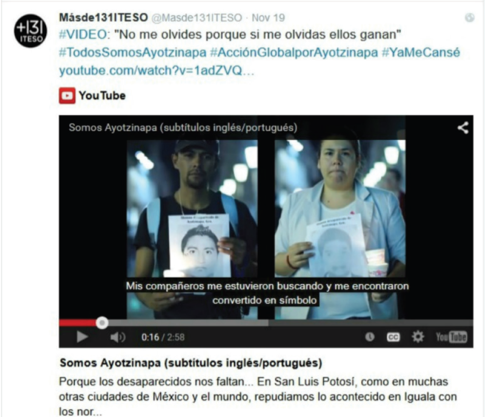 Tuit del video Somos Ayotzinapa.