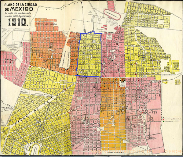Plano general de la Ciudad de México, delimitación de la colonia Guerrero en azul, 1910.