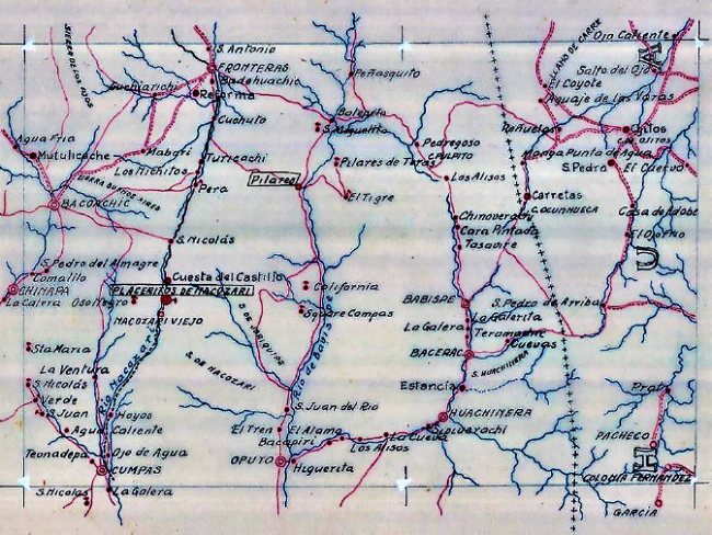 Mapa de la regi&oacute;n de Nacozari de Garc&iacute;a y Pilares de Nacozari