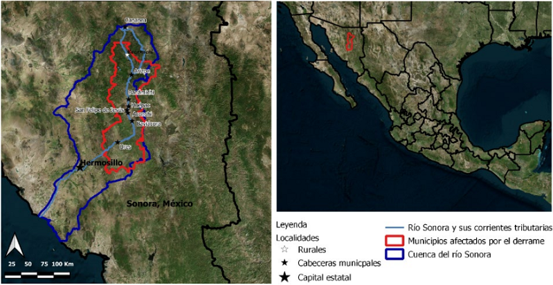 Localización de la zona afectada por el derrame de lixiviados de cobre en el río Sonora, México (6 de agosto de 2014)