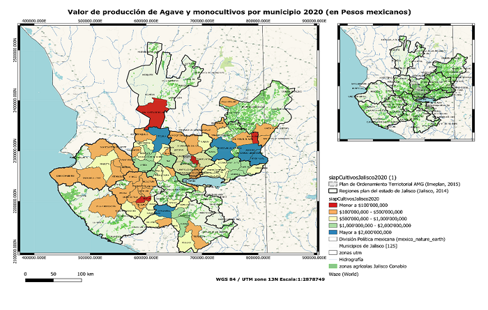 Valor de producci&oacute;n de agave y monocultivos por municipio 2020 (en pesos mexicanos)