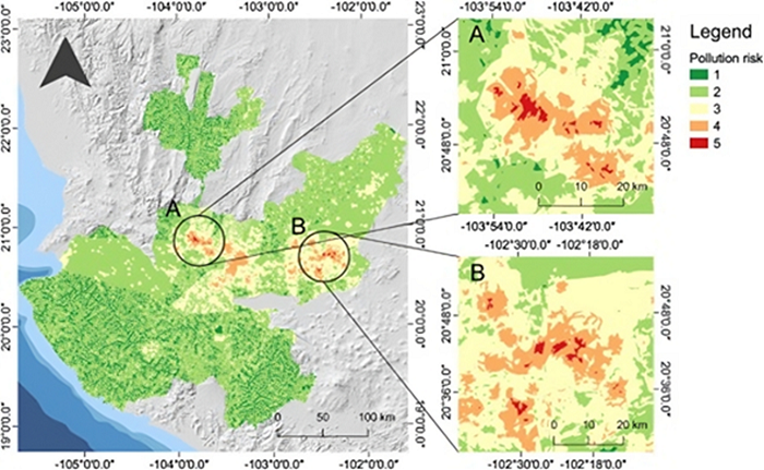 zonas cr&iacute;ticas determinadas dentro de las &aacute;reas centroccidental (A) y oriente (B) del estado de Jalisco en torno al manejo de residuos especiales (vinazas y bagazo)