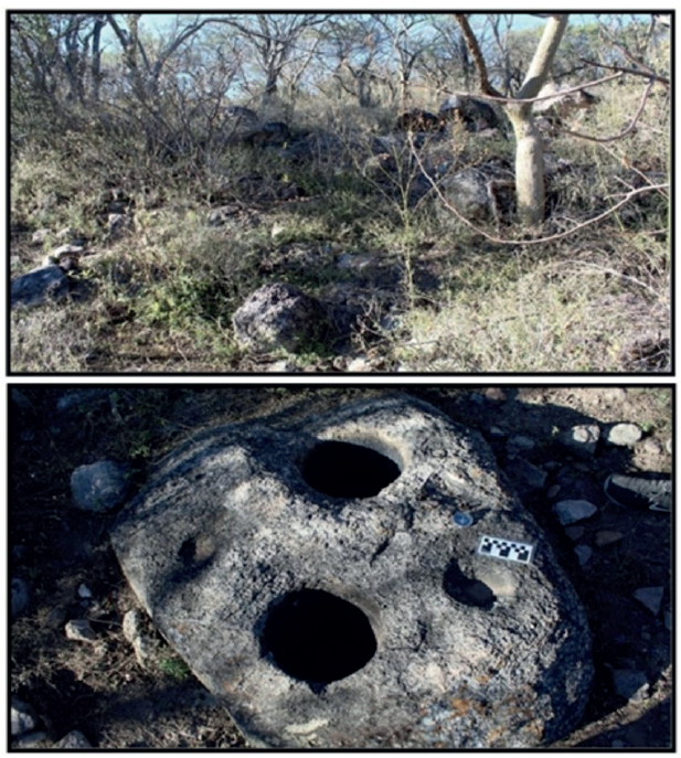 Terraza ubicada del rea sureste y afloramiento rocoso con morteros fijos