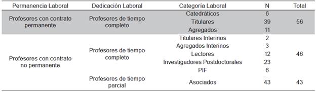 Descriptivos de los profesores por dedicaci&oacute;n y categor&iacute;a laboral