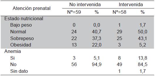 Distribuci&oacute;n de la condici&oacute;n nutricional, control prenatal y ganancia de peso seg&uacute;n tipo de intervenci&oacute;n en las gestantes