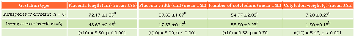 Placental morphometry grouped by gestation type