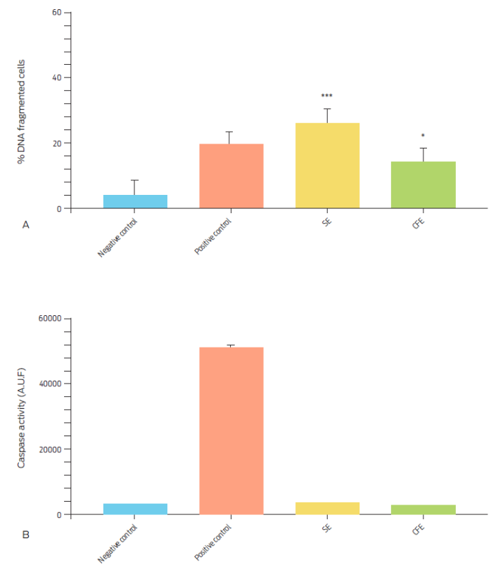Percentage of DNA fragmented bovine macrophages and caspase 3 activity after incubation with 100 µg/ml of M. bovis soluble protein extract (SE) or of culture filtrate protein extract (CFE) for 16 hours. Camptothecin (20 µg/ml) was used as a positive control and RPMI as a negative control. A) DNA fragmentation was assessed by TUNEL assay. Results are expressed as the mean ± S.E. of three independent assays. (*** P = 0.005, * P = 0.0438). B) Caspase activity was measured through arbitrary units of fluorescence (A.U.F.) and expressed as means ± SE of four independent assays (P = 0.0001).