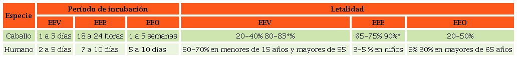 Periodos de incubación y tasa de mortalidad en equinos y humanos en
encefalitis equinas venezolana, del este y del oeste (EEV, EEE y EEO)
diagnosticadas en los Estados Unidos.