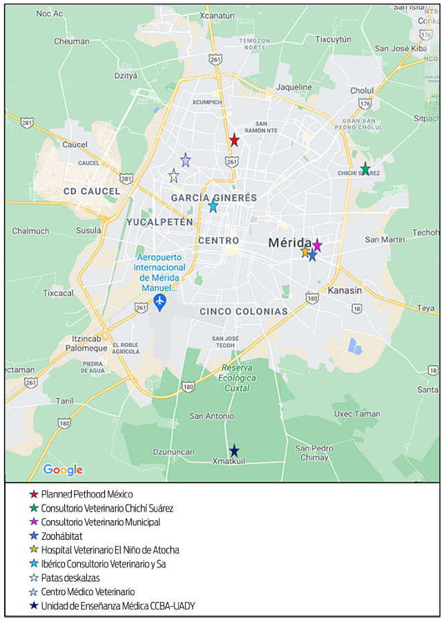 Location of the veterinary clinics in the city of Mérida, Yucatán, Mexico, that participated in the study.