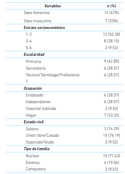 Características sociodemográficas de tos cuidadores participantes en la prueba pitoto CQOLC. (N = 21)