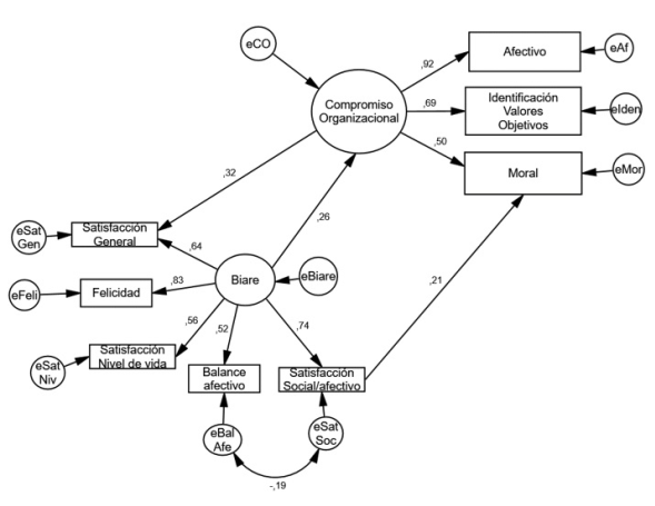 Modelo de Ecuaciones Estructurales no recursivo, analizando efectos directos entre los componentes del CO y el BIARE. Se muestran valores estandarizados.