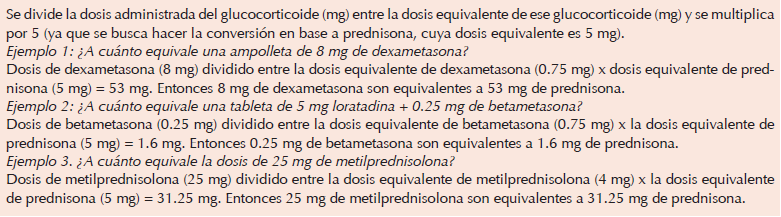 Ejemplos de la utilidad de comparar la equivalencia de diferentes corticosteroides, se sugiere realizar el cálculo para determinar la dosis en base a prednisona 

 