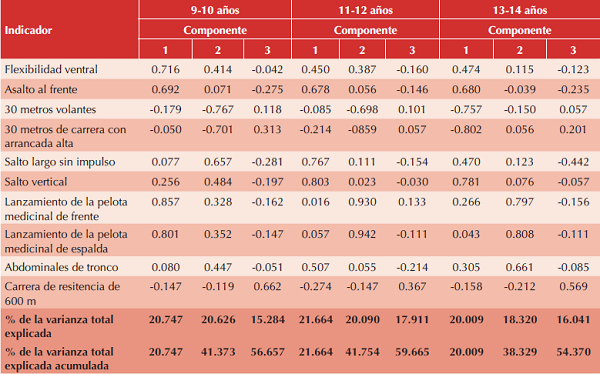 Matriz de componentes de los ni&ntilde;os, seg&uacute;n el grupo de edad correspondiente