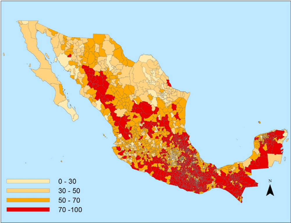 Distribuci&oacute;n espacial de la pobreza municipal en M&eacute;xico, 2010.