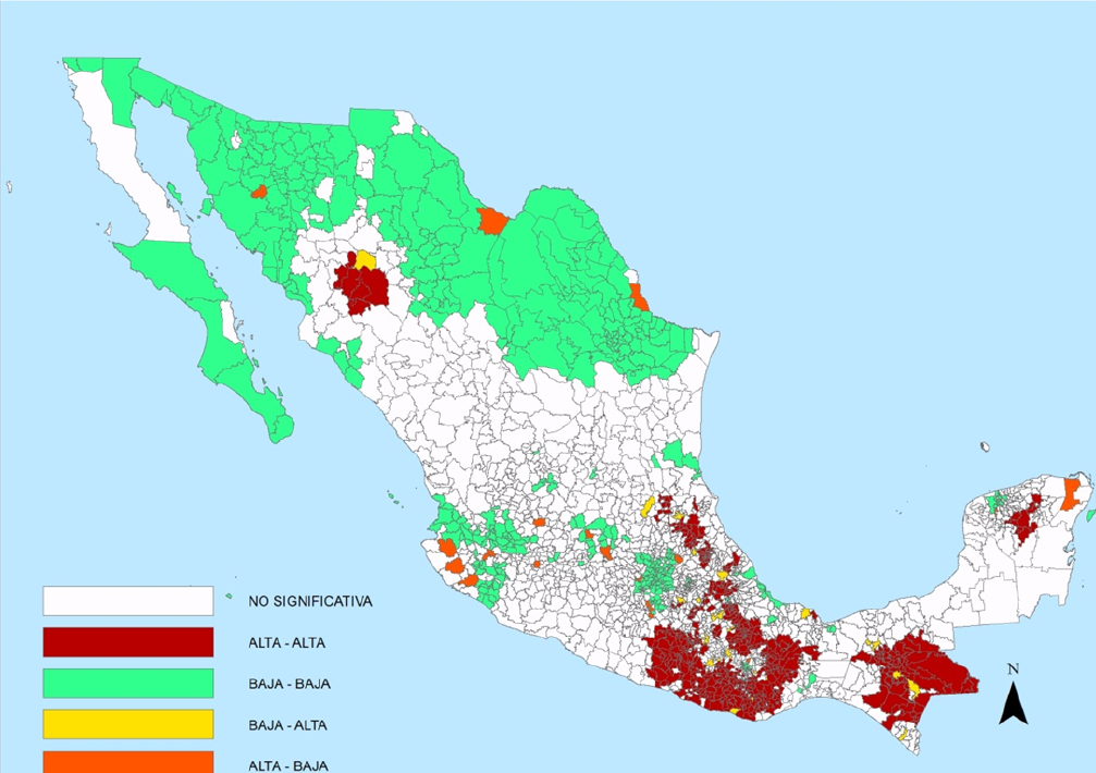 Concentraci&oacute;n espacial de la pobreza municipal en M&eacute;xico, 2010 I global de Mor&aacute;n: 0.681596.