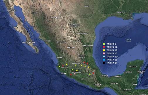 Distribucin de los tipos de tarifas en la zona centro y occidente del pas