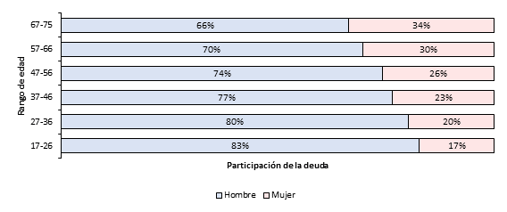 Participacin de la deuda de los hogares por rango de edad y sexo