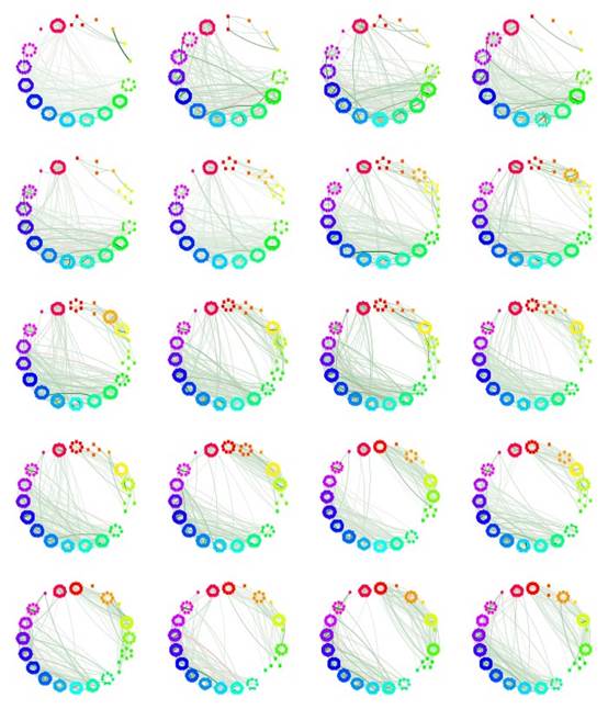 Graphs associated with partial correlation matrices, by year, in the period 2000-2019. 