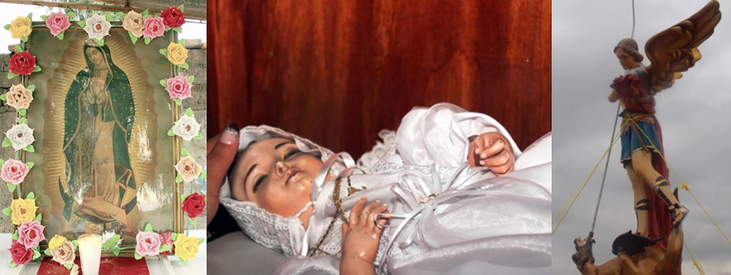Principales imágenes veneradas en el valle de San Francisco: 1 Virgen de Guadalupe (Lequeitio, San Felipe, Guanajuato, 2009); 2 Niño Dormido (Carretón, San Felipe, Guanajuato, 2010); 3 San Miguel Arcángel (San Felipe, Guanajuato, 2009).