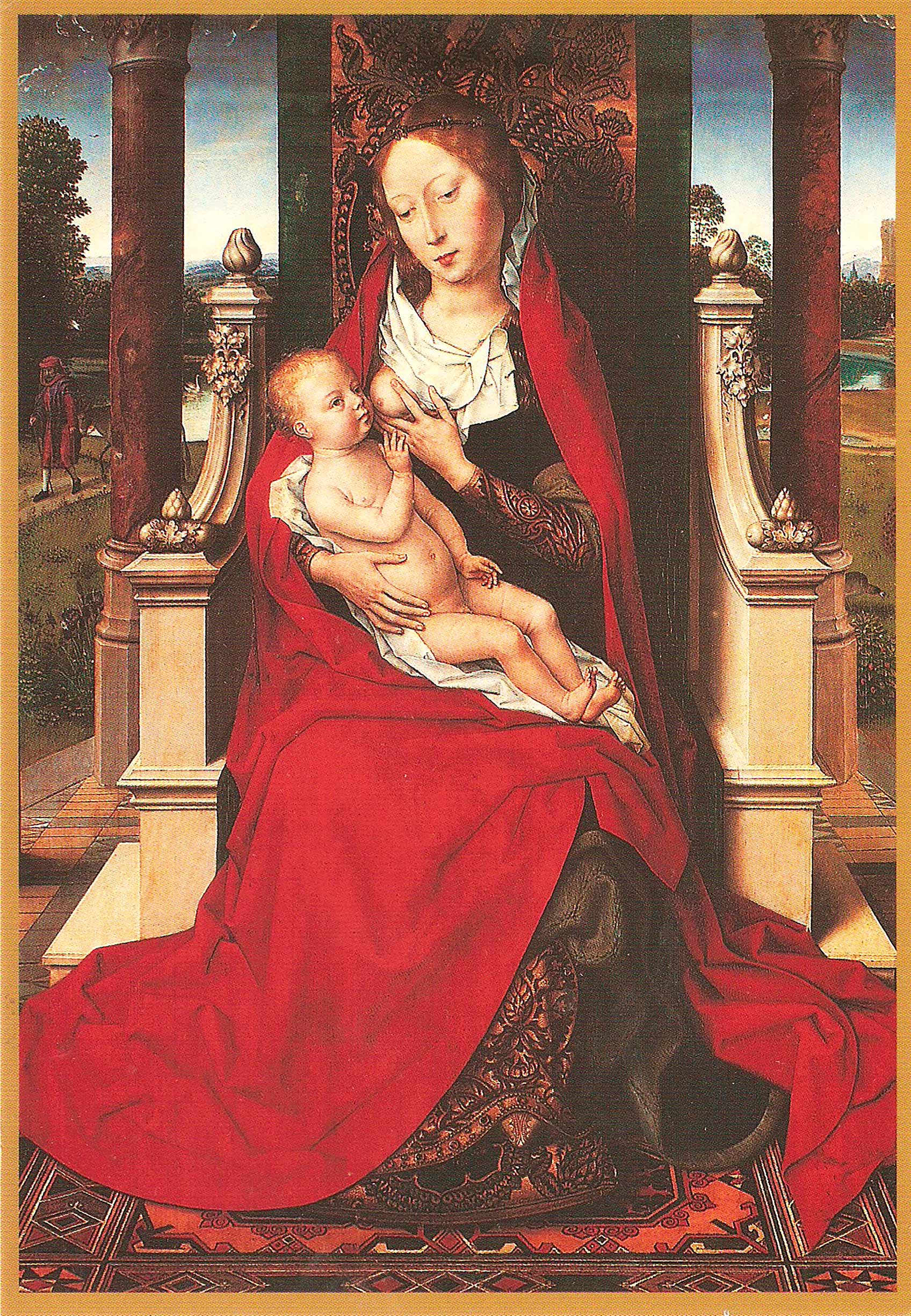 Virgen lactante. “Virgen con el niño” de Hans Memling. Siglo xv. Tablas de devoción de la Reina Isabel la Católica. Primitivos Flamencos en la Capilla Real de Granada.