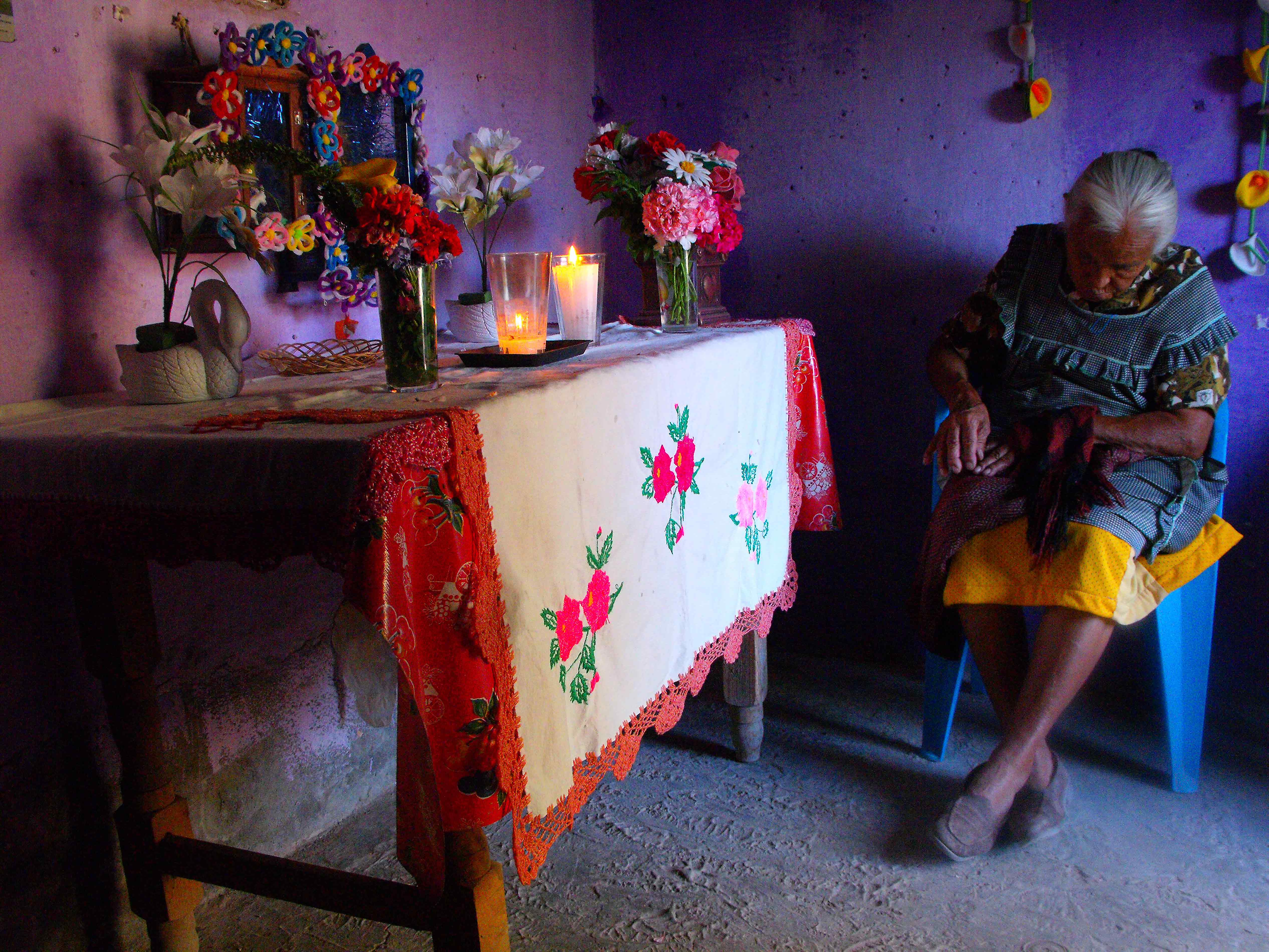 Mujer frente a su altar doméstico. Comunidad de Guadalupe, San Felipe, Guanajuato, 2010.