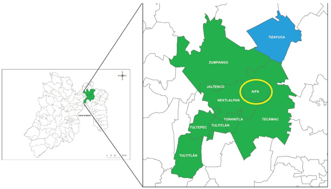 Ubicaci�n de la Zona Norte del Valle de M�xico. Nextlalpan, Jaltenco,
							Tultitl�n, Tonanitla, Tec�mac, Tultepec, Zumpango (Estado de M�xico,
							color verde) y Tizayuca (estado de Hidalgo, color azul).