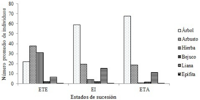 Número promedio de individuos en cada hábito de
crecimiento reportado por cada estado de sucesión. Estadío temprano (ETE),
estadío intermedio (EI), estadío tardío (ETA).