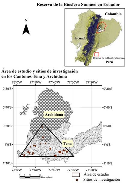 Mapa de ubicación del área y sitios de investigación en la Reserva de la Biosfera Sumaco.