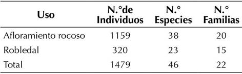 Riqueza, número de individuos, especies y familias encontradas en la regeneración natural en las fitofisonomías afloramiento rocoso y robledal en la microcuenca Tintales.