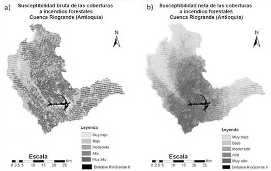 Mapa de SB (a) y neta (b) a los incendios de las coberturas vegetales, cuenca Riogrande (Antioquia, Colombia).