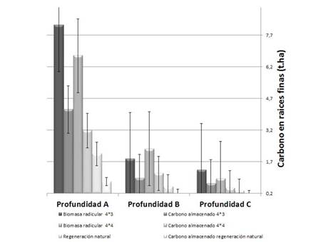 Biomasa y C almacenado total en raíces finas a tres profundidades de muestreo, en un sistema silvopastoril de pastura en callejones a dos distancias de siembra (4x4 y 4x3) y en regeneración natural.