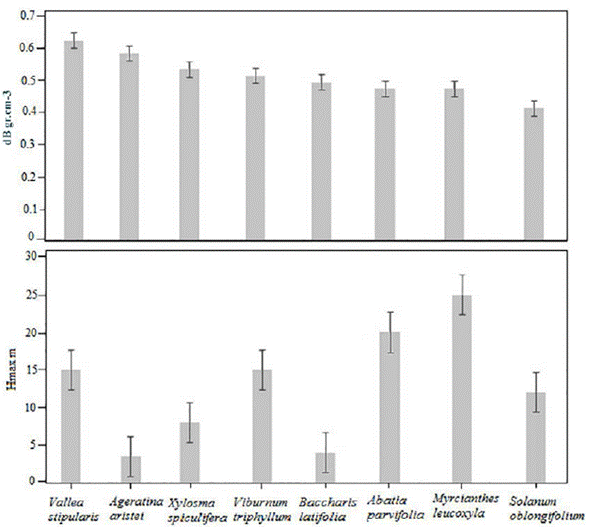 Densidad básica y altura por especie, dB (densidad básica de la madera), Hmax (altura máxima que puede alcanzar los individuos de la especie).